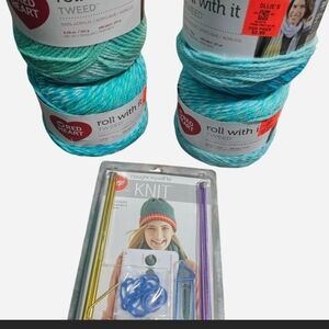 Red Heart 'Roll With It' Tweed Yarn Bundle in Aqua Blue with Knit Kit